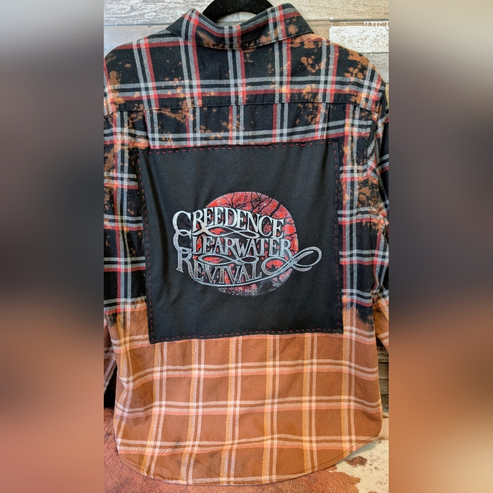 Credence Clearwater Revival Upcycled Dip Dye Bleached Flannel Shirt - Picture 2 of 15